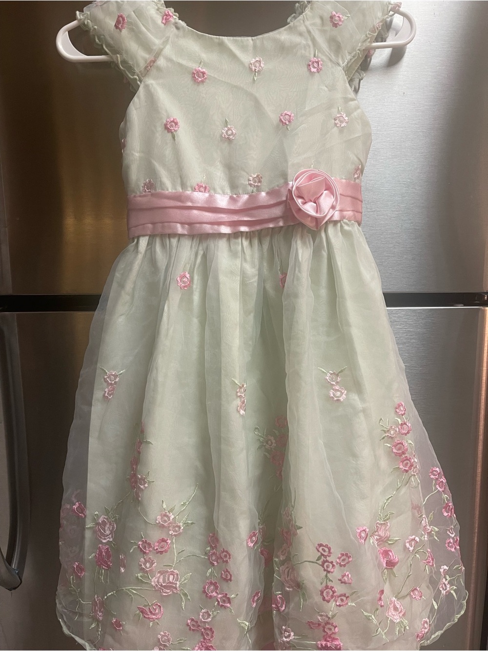 Jona Michelle Pink & Ivory Embroidered Floral Satin Sash Dress